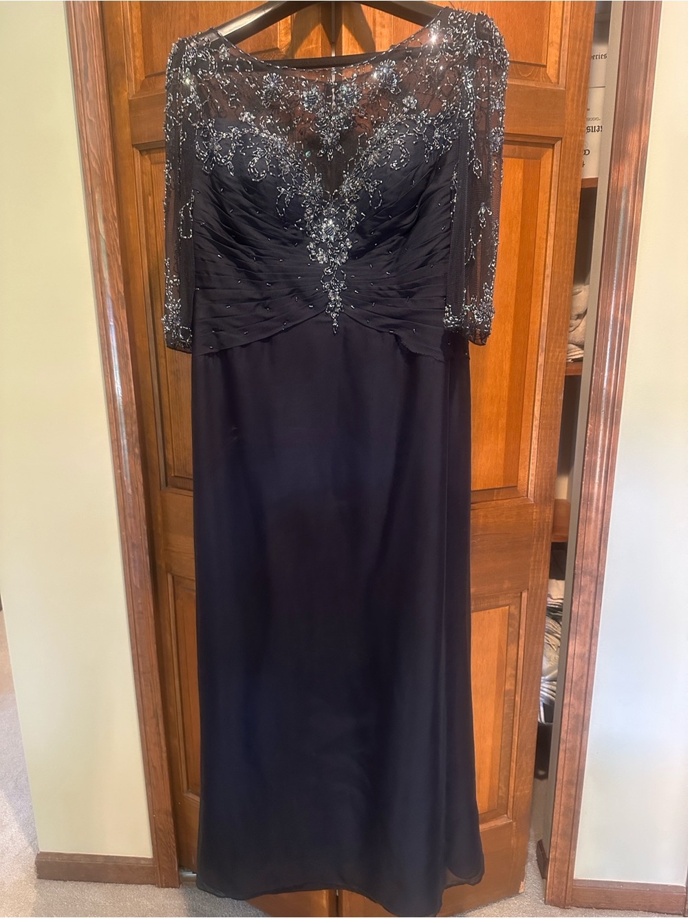 Montage by Mon Cheri Navy Beaded Long Sleeve Evening Gown